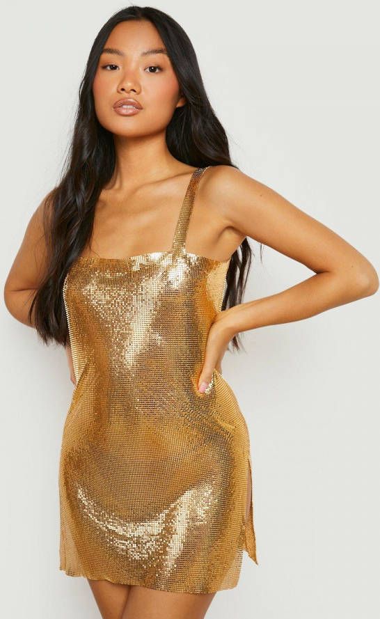 boohoo Petite Malië, nkolder Mini Jurk Met Vierkante Hals, Gold