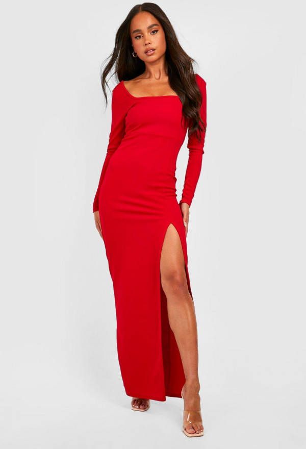 boohoo Petite Maxi Jurk Met Lange Mouwen, Zijsplit En Vierkante Hals, Red
