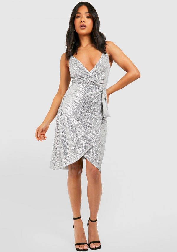 boohoo Petite Midi Glitter Wikkel Jurk Met Pailletten, Silver