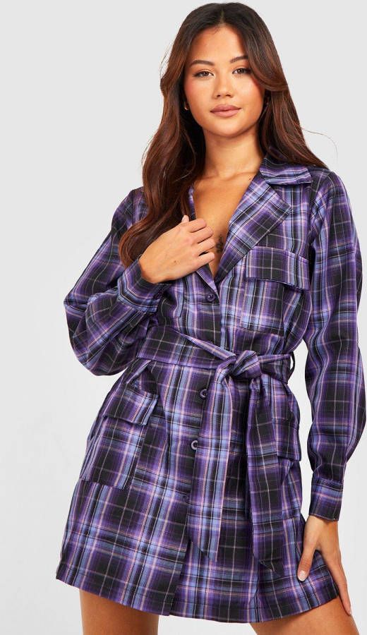 boohoo Petite Oversized Geruite Blouse Jurk Met Ceintuur, Purple