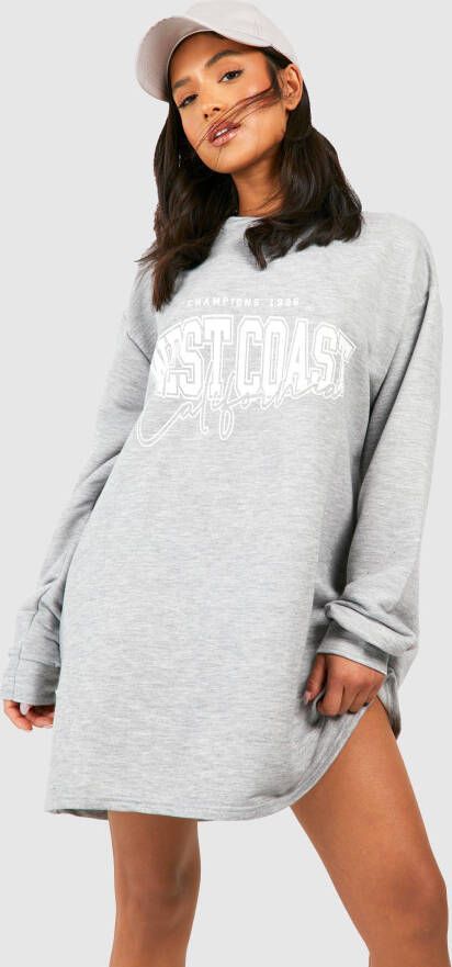 boohoo Petite Oversized West Coast Trui Jurk Met Tekst, Grey Marl