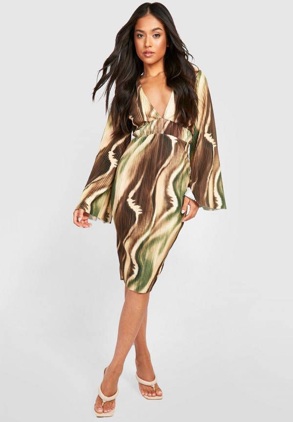 boohoo Petite Plisse Midi Jurk Met Print En Wijde Mouwen, Green