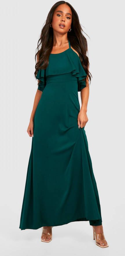boohoo Petite Satijnen Halter Maxi Jurk Met Ruches, Teal