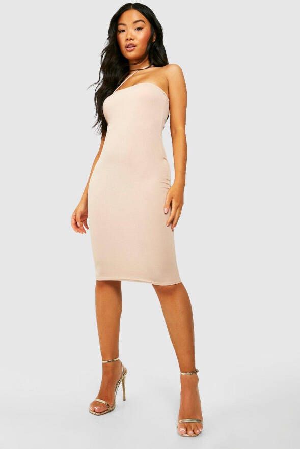 boohoo Petite Strapless Midi Jurk Met Asymmetrische Bandjes, Stone