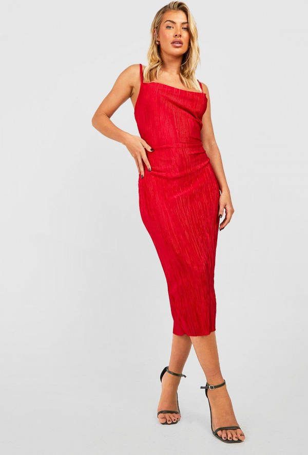 boohoo Plisse Jurk Met Bandjes, Red