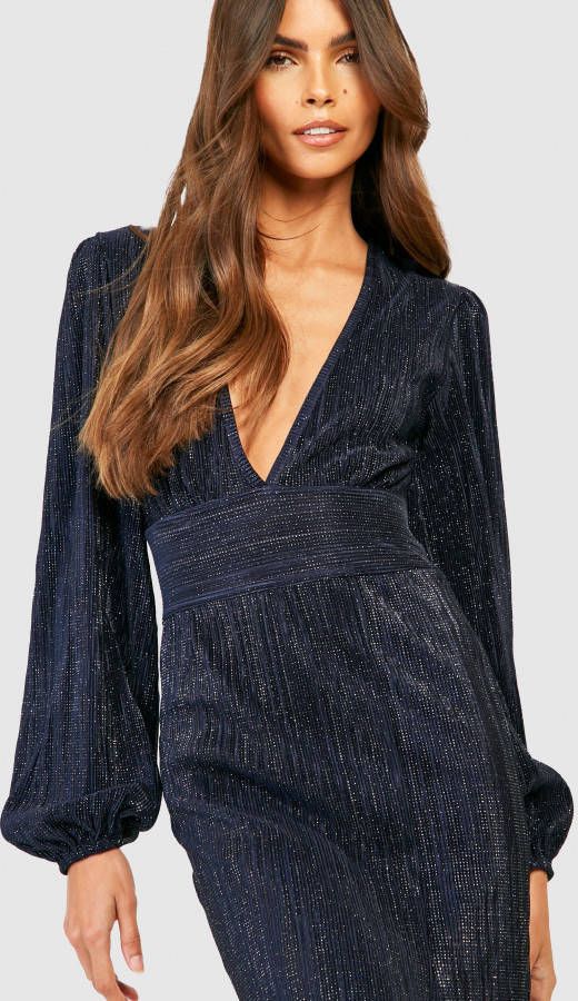 boohoo Plisse Metallic Midaxi Jurk Met Laag Decolleté,, Blue