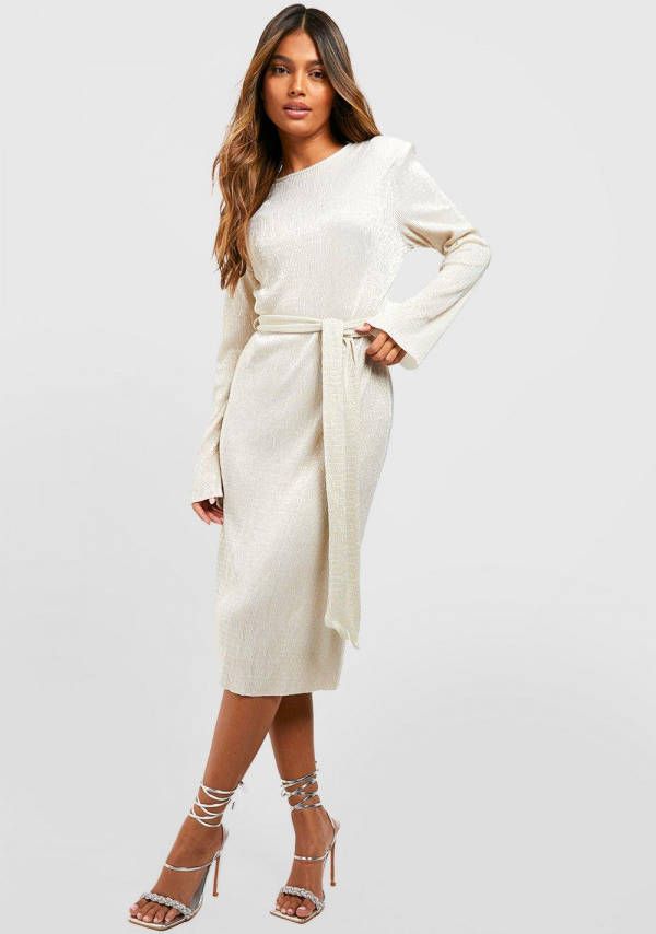 boohoo Plisse Metallic Midi Jurk Met Ceintuur, Gold