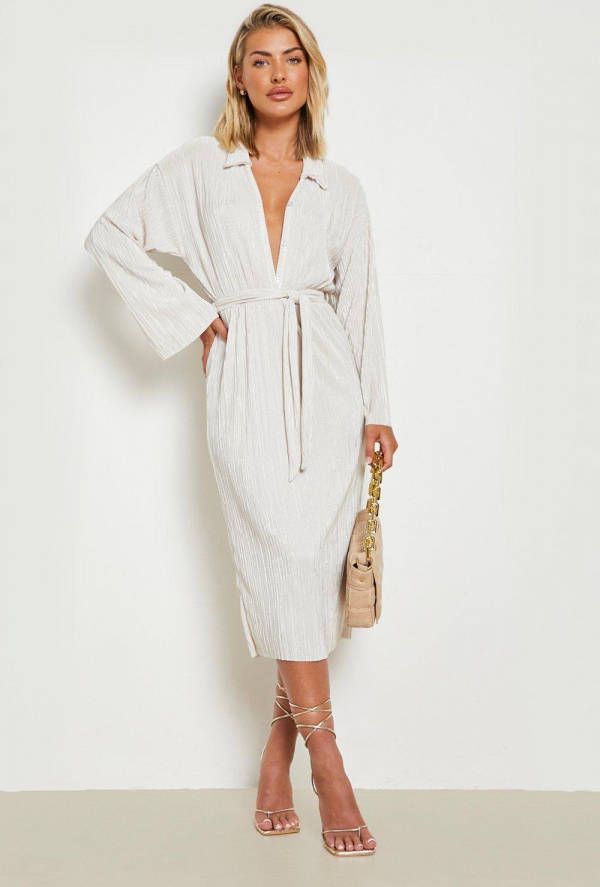boohoo Plisse Midi Blouse Jurk Met Ceintuur, Champagne