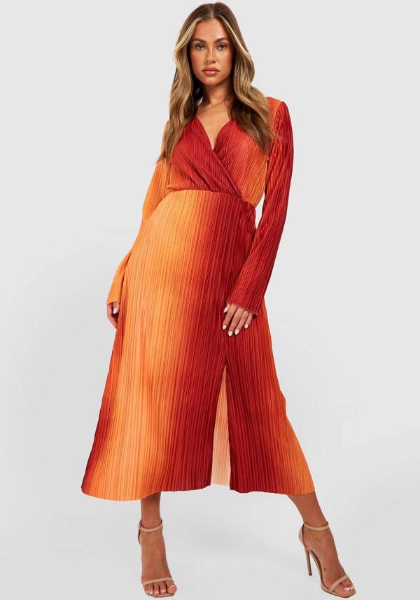 boohoo Plisse Ombre Midaxi Wikkel Jurk, Orange