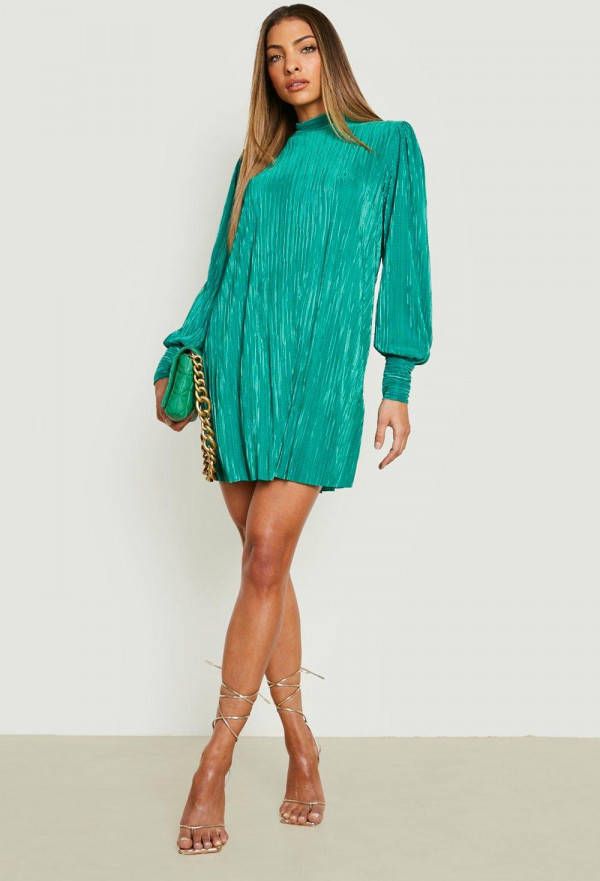 boohoo Plisse Swing Jurk Met Hoge Hals, Green