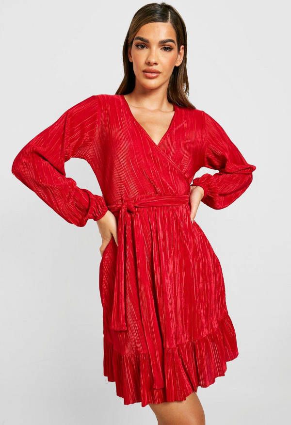 boohoo Plisse Wikkel Jurk Met Ceintuur, Red