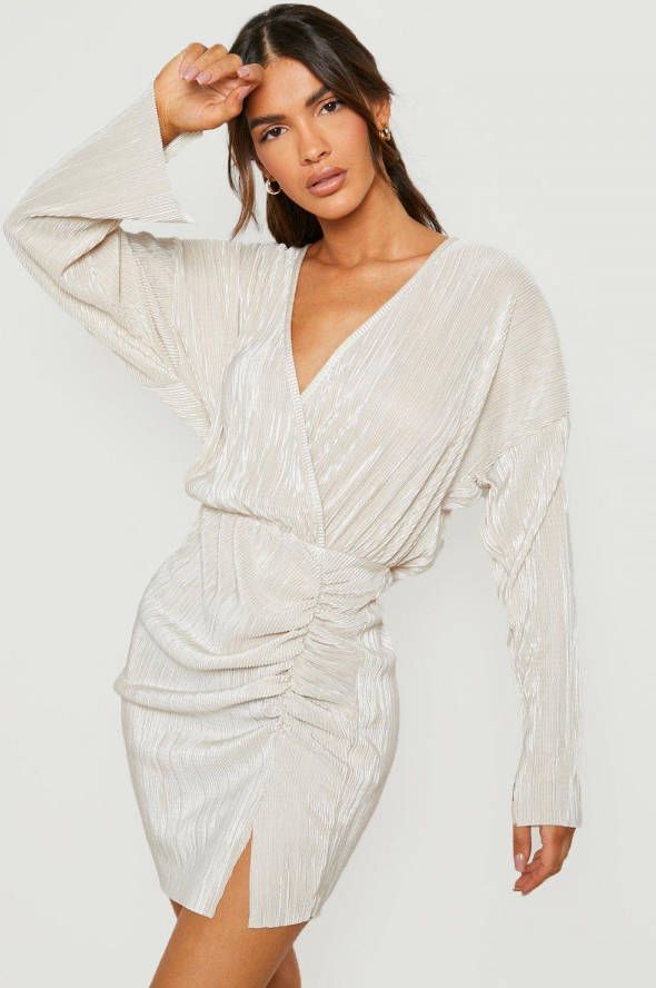 boohoo Plisse Wikkel Mini Jurk Met Voorsplit, Champagne