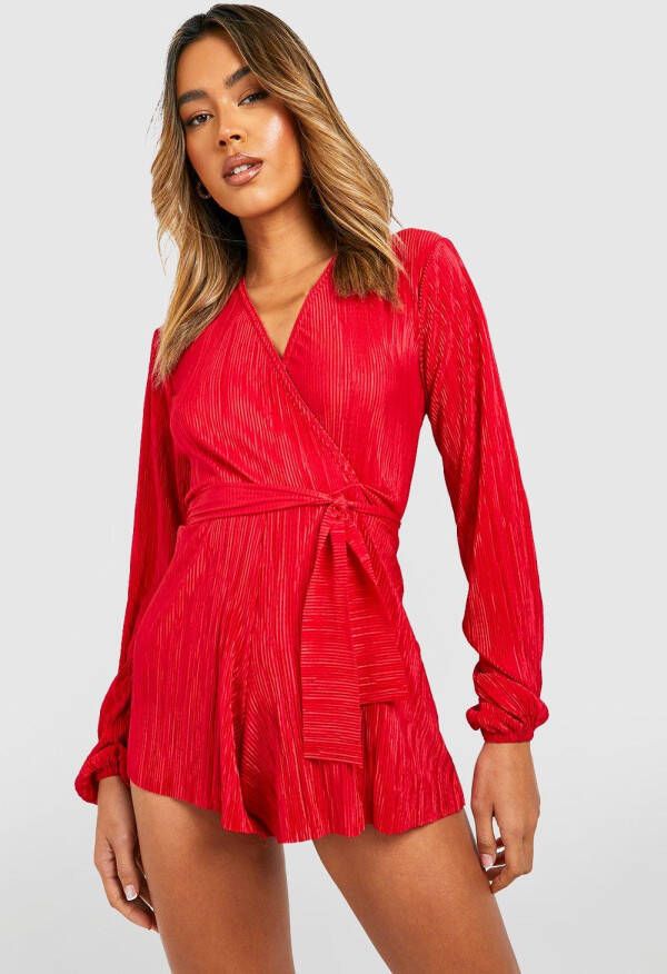 boohoo Plisse Wikkel Romper Met Ceintuur, Red