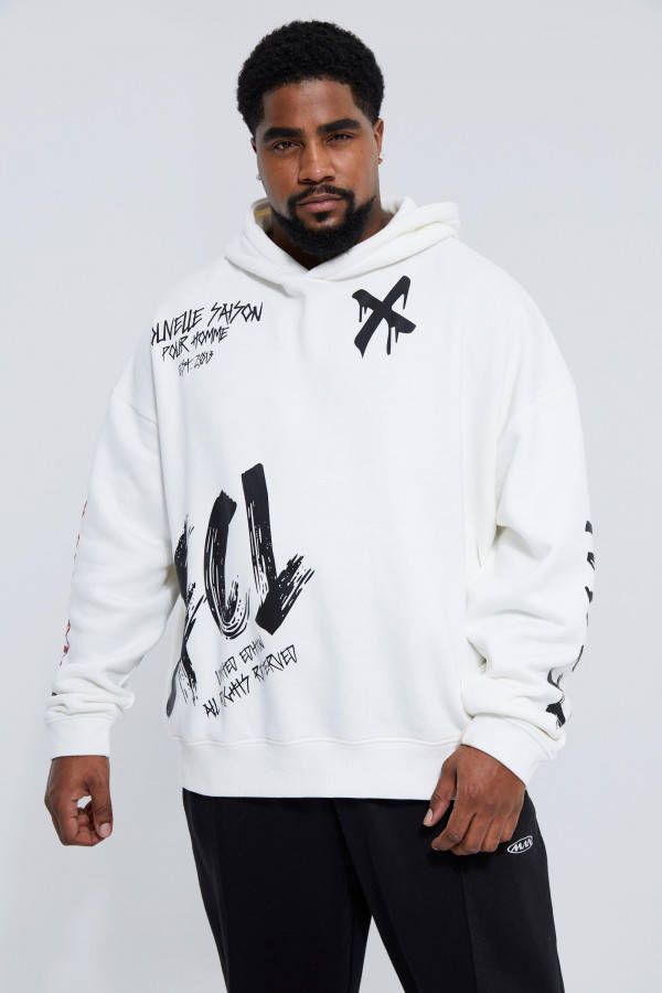 boohoo Plus Baggy Graffiti Hoodie, Stone