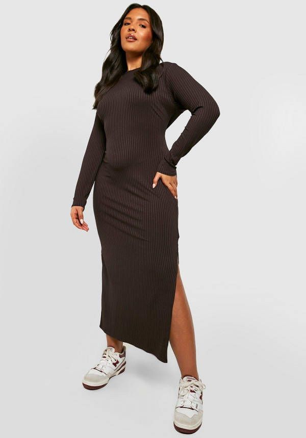 boohoo Plus Basic Geribbelde Midaxi Jurk Met Split, Chocolate
