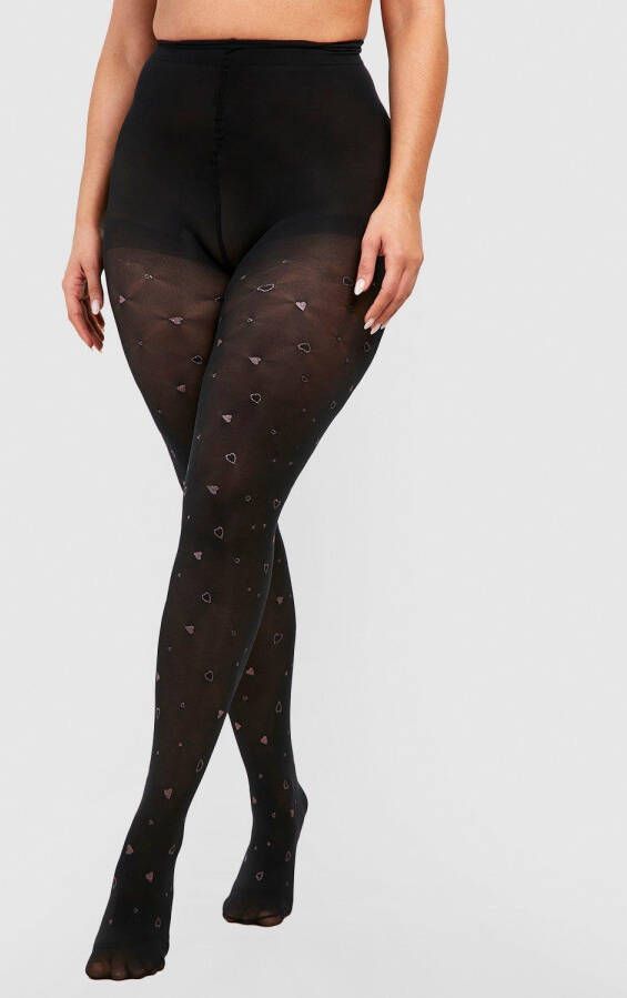 boohoo Plus Black Heart Print Tights, Black