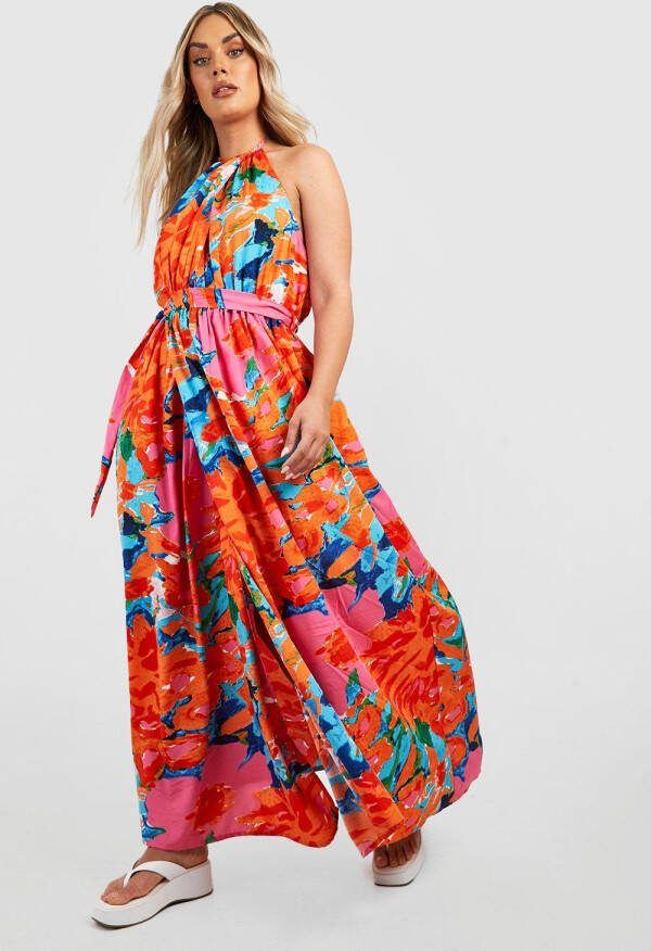 boohoo Plus Bloemen Halter Maxi Jurk, Orange