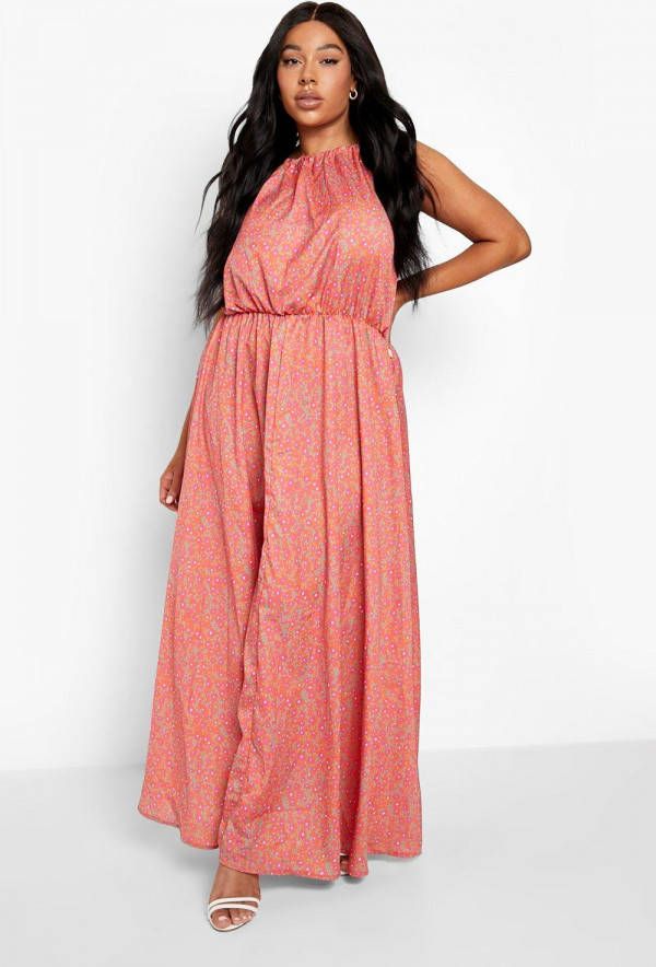 boohoo Plus Bloemenprint Maxi Jurk Met Hoge Hals, Orange