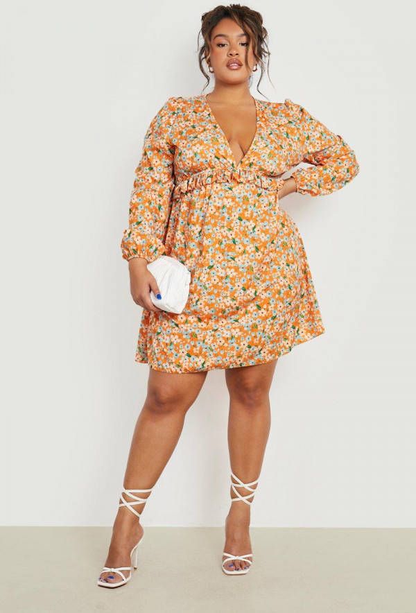boohoo Plus Bloemenprint Skater Jurk Met Ruches, Orange