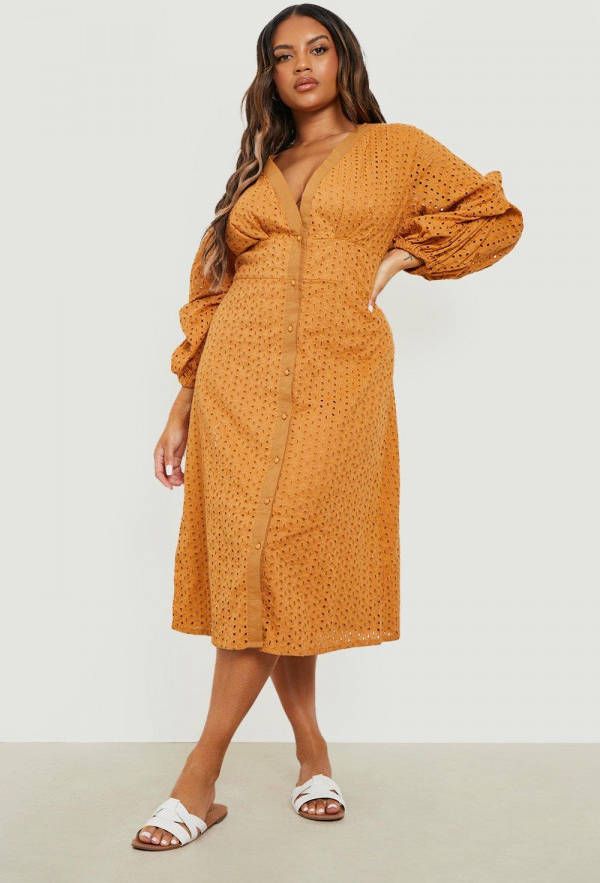 boohoo Plus Broderie Midi Jurk Met Volle Mouwen, Tan