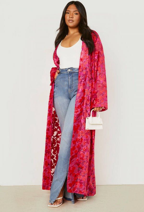 boohoo Plus Burnout Maxi Kimono, Hot Pink