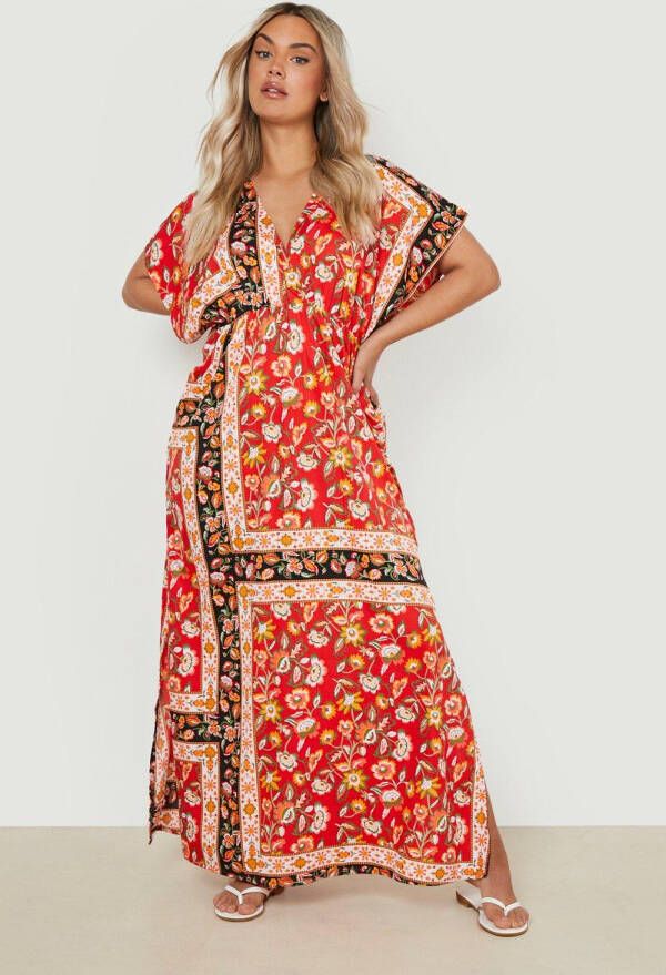 boohoo Plus Contrasterende Paisley Maxi Jurk Met Engelenmouwen, Red