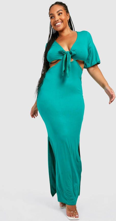 boohoo Plus Cut Out Maxi Jurk Met Strik, Green