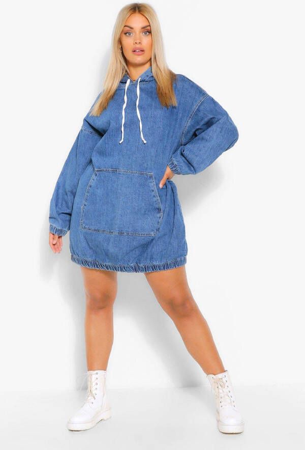 boohoo Plus Denim Pullover Jurk Met Capuchon, Mid Blue