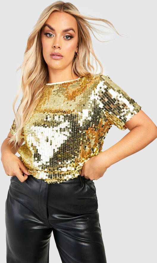 boohoo Plus Disco Glitter T Shirt Met Pailletten, Gold