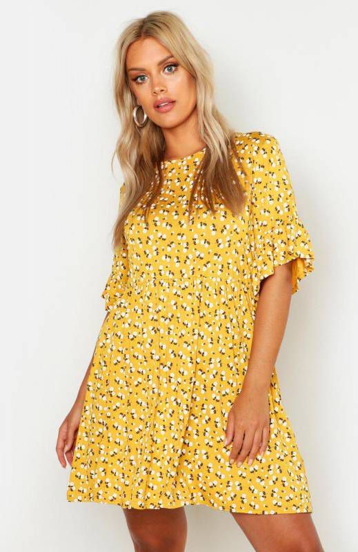 boohoo Plus Gesmokte Bloemenprint Jurk, Mosterd