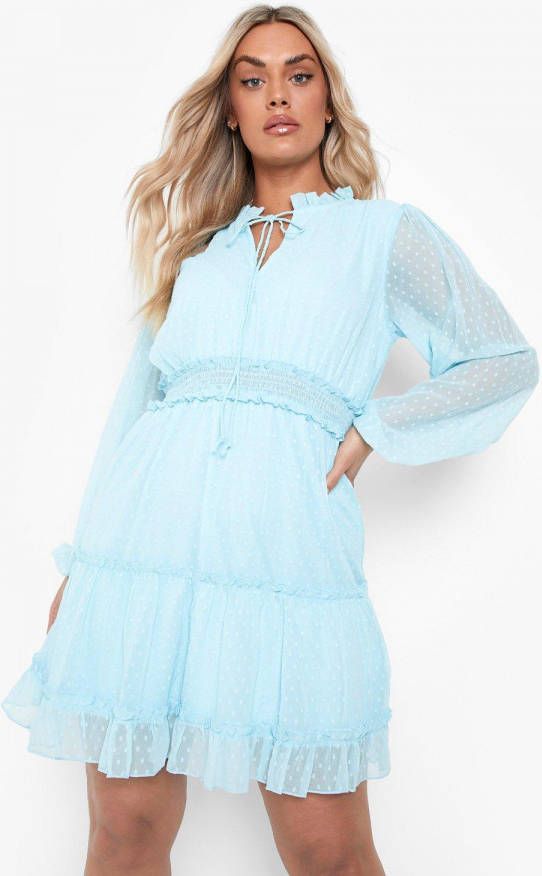 boohoo Plus Dobby Mesh Mini Jurk Met Strik, Blue