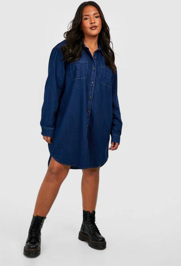 boohoo Plus Doorknoop Spijkerjurk Met Blouse, Indigo