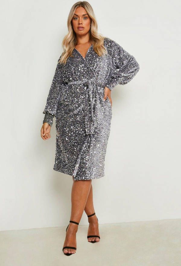 boohoo Plus Fluwelen Midi Wikkeljurk Met Pailletten, Silver