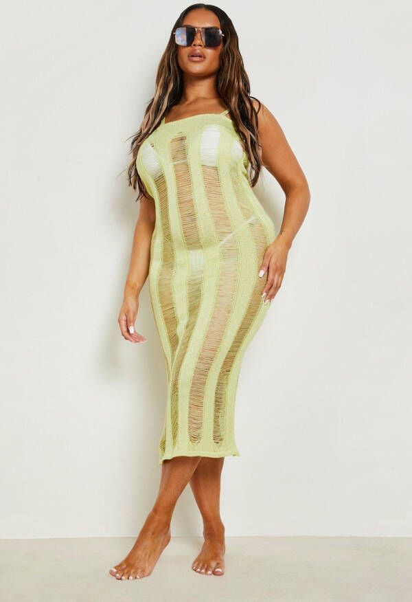 boohoo Plus Gebreide Ladder Strand Jurk Met Bandjes, Neon Lime