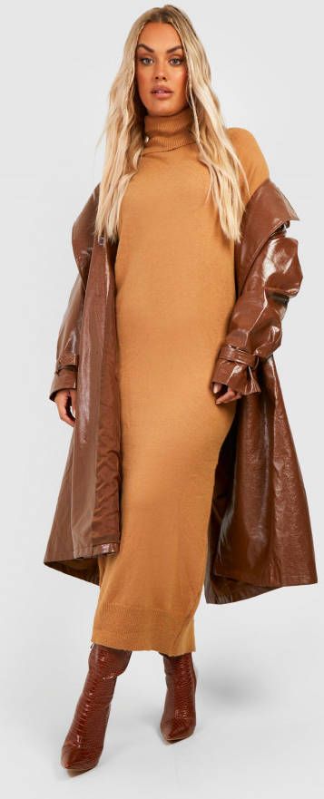 boohoo Plus Gebreide Midaxi Jurk Met Col, Camel