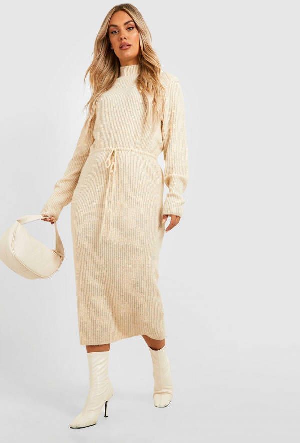 boohoo Plus Gebreide Midaxi Jurk Met Touwtjes, Ecru