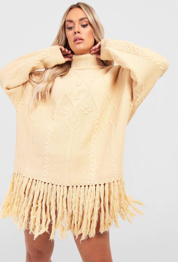 boohoo Plus Gebreide Trui Jurk Met Col En Kwastjes Grof, Stone