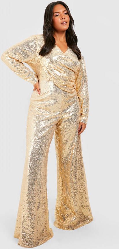 boohoo Plus Gedrappeerde Glitter Wide Leg Jumpsuit Met Pailletten, Gold