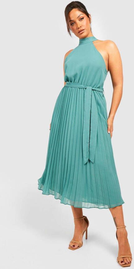 boohoo Plus Geplooide Chiffon Halter Skater Jurk, Aqua