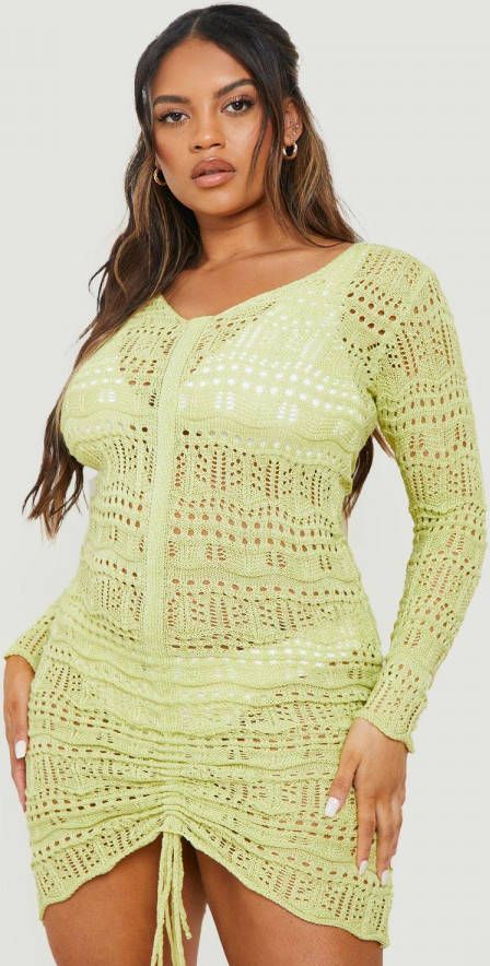 boohoo Plus Geplooide Gehaakte Strand Jurk, Lime