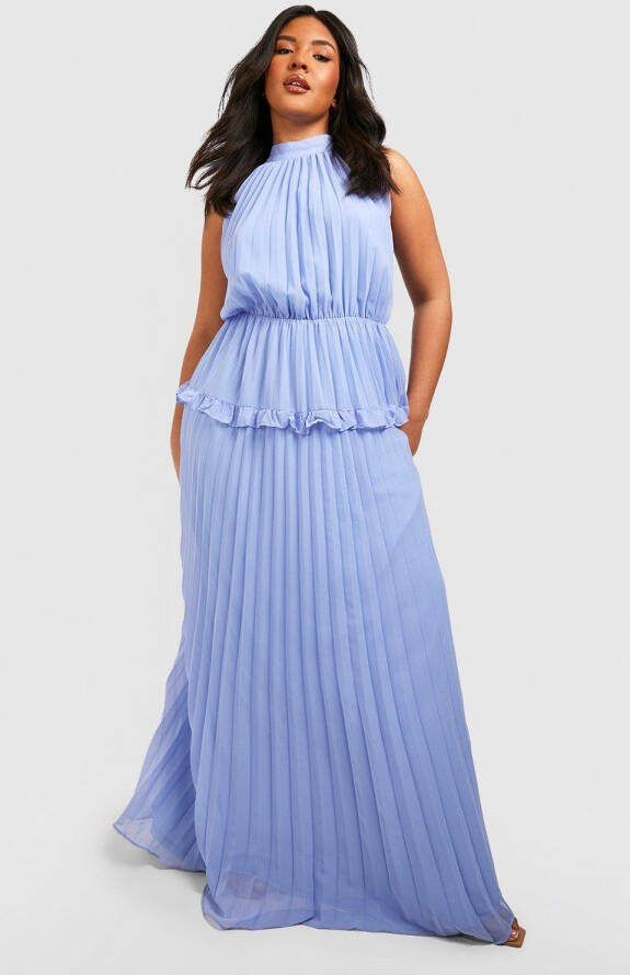 boohoo Plus Geplooide Halter Maxi Jurk Met Ruches, Cornflower Blue
