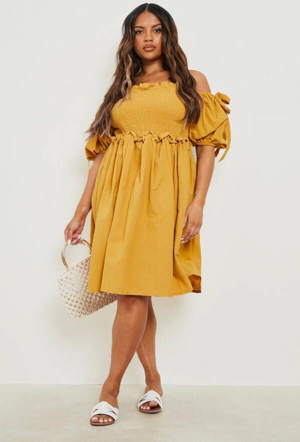 boohoo Plus Geplooide Linnen Off Shoulder Skater Jurk, Mustard