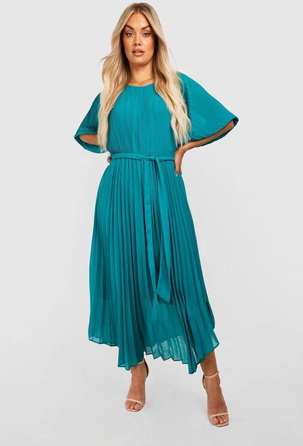 boohoo Plus Geplooide Maxi Jurk Met Pofmouwen, Emerald
