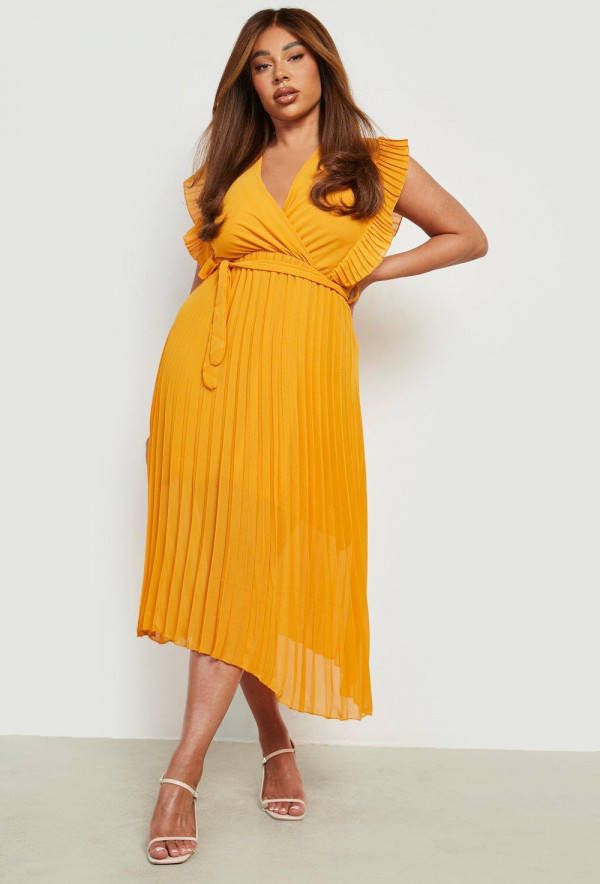 boohoo Plus Geplooide Midi Wikkel Jurk Met Ceintuur, Orange