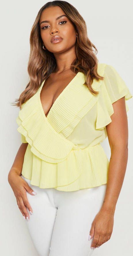 boohoo Plus Geplooide Plisse Peplum Top Met Ruches, Lemon