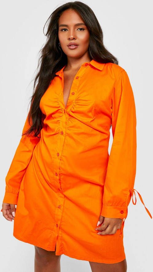 boohoo Plus Geplooide Poplin Blouse Jurk Met Mouwstrikjes, Orange
