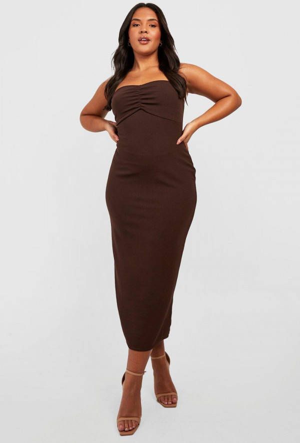 boohoo Plus Geplooide Strapless Midaxi Jurk, Chocolate