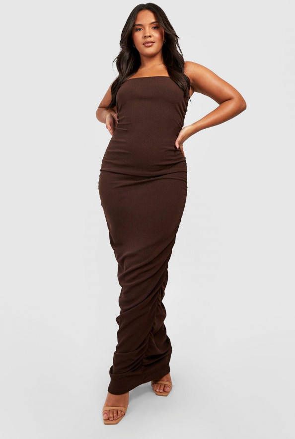 boohoo Plus Geplooide Strapless Midaxi Jurk, Chocolate