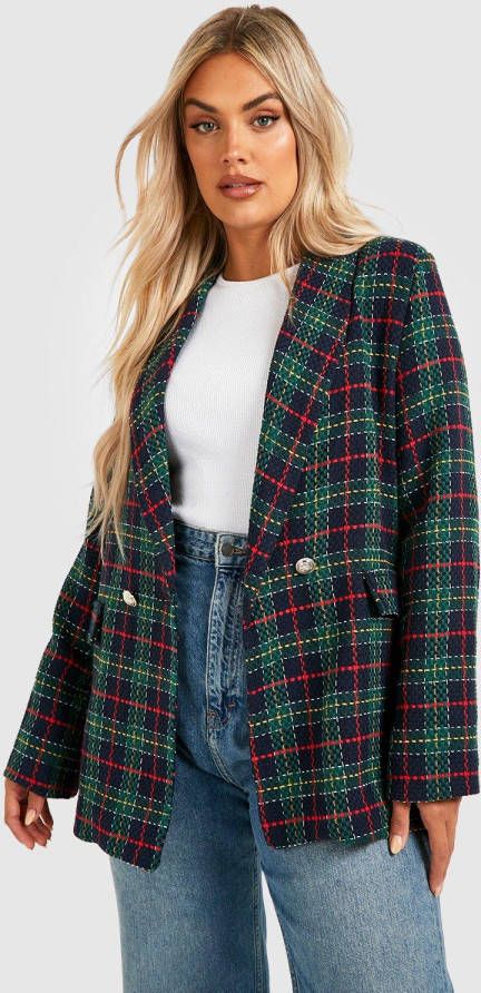 boohoo Plus Geruite Boucl&#xE9, Blazer Met Dubbele Knopen, Black