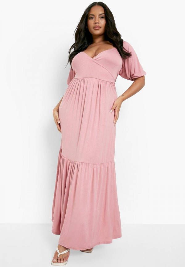 boohoo Plus Gesmokte Jersey Wikkeljurk Met Laagjes, Rose